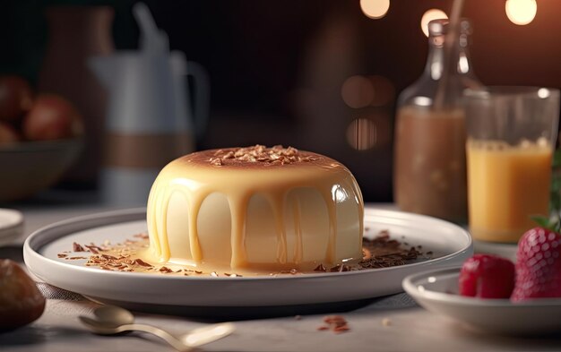 Un pudding de crème caramel close-up sur un fond de café dessert sucré nourriture de boulangerie ai généré