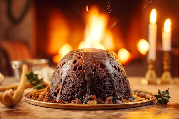 un pudding de Noël en flammes avec une garniture de holly et un focus doux sur les chanteurs de carols en arrière-plan