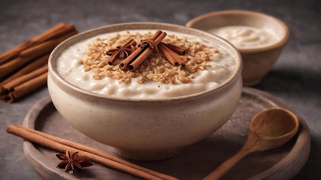 Pudding de riz Arroz con leche avec cannelle dans un bol d'argile isolé sur fond blanc