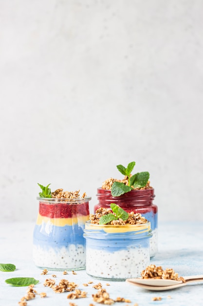 Puddings chia à la spiruline bleu vegan avec confiture et granola dans des bocaux en verre