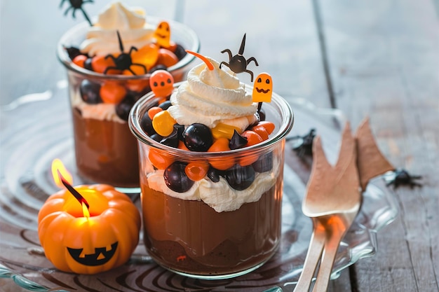 Puddings de chocolat de citrouille dans des pots de verre décorés de bonbons pour Halloween