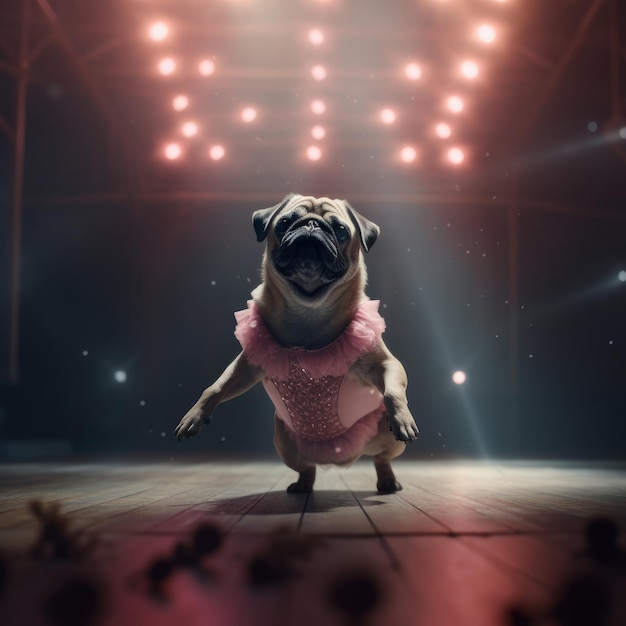 Pug Dod dans une jupe de ballet rose clair danse comme une ballerine Illustration AI GenerativexD