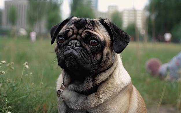 Pug est assis sur l'herbe dans le parc poste de publicité professionnelle photo ai généré