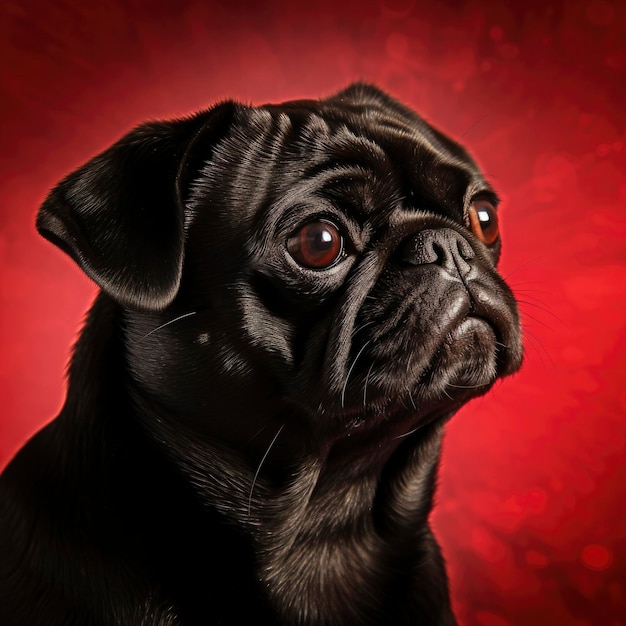 un pug noir avec un fond rouge et un fond rouge.