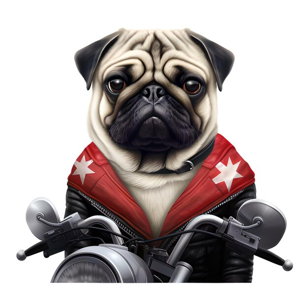 Un pug portant une veste rouge et noire avec des étoiles dessus.