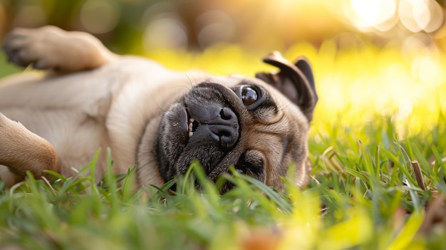 Un Pug se roulant dans l'herbe exprimant une pure joie avec son enthousiasme contagieux