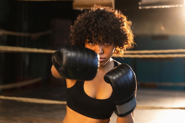 Puissance d'autodéfense des femmes Femme afro-américaine combattante frappant avec des gants de boxe à la caméra