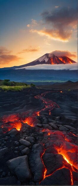 La puissance brute du terrain volcanique capturée à la lumière de l'aube à