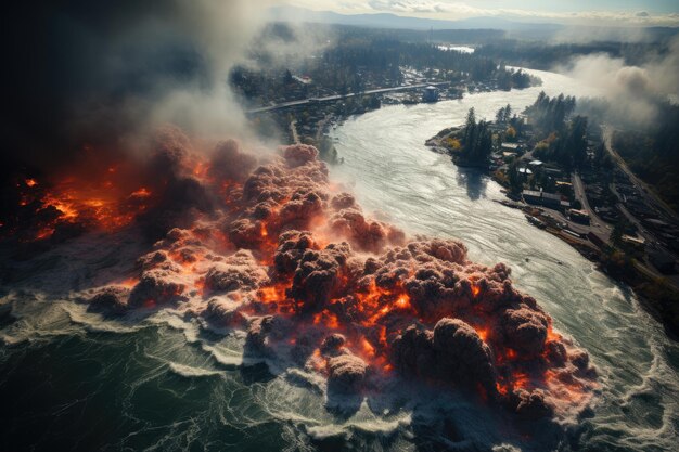 La puissance écrasante des eaux qui débordent sur leurs rives et inondent les environs