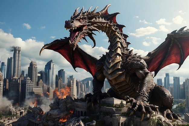 Un puissant dragon dans la ville en vol de destruction