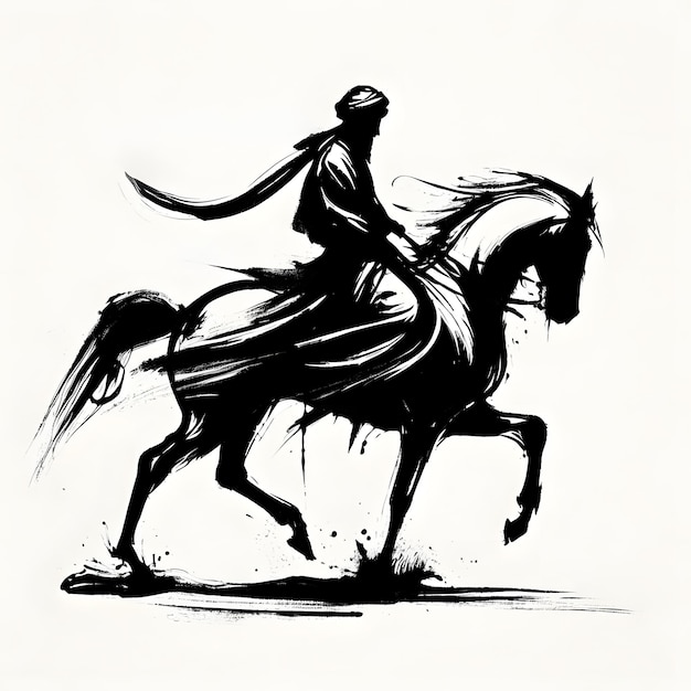 Puissant homme soufi vectoriel à cheval avec un épéiste dans un style de peinture à l'encre noire simple