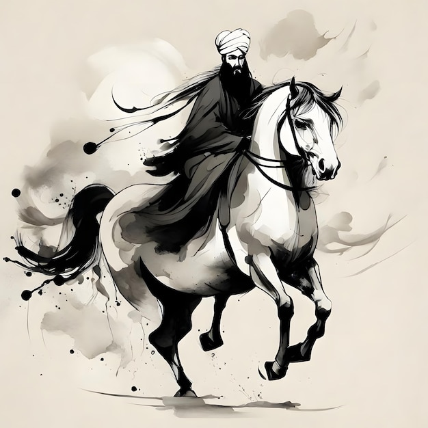 Puissant homme soufi vectoriel à cheval avec un épéiste dans un style de peinture à l'encre noire simple
