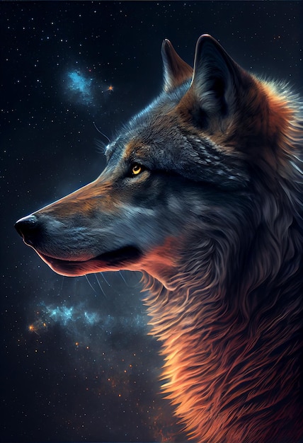 Un puissant loup gris cosmique royal majestueux et sérieux Generative Ai