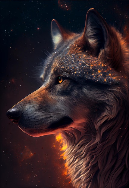 Un puissant loup gris cosmique royal majestueux et sérieux Generative Ai