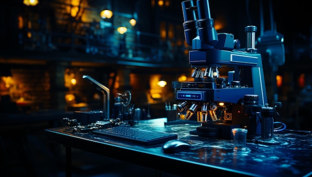 Puissant microscope innovant sur la table du laboratoire Souris clavier d'ordinateur et tube à essai à côté de l'arrière-plan flou AI générative