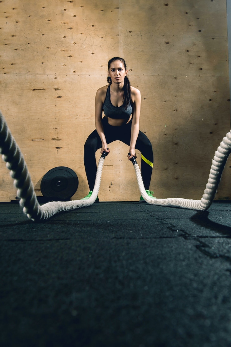 Photo puissant et musclé entraîneur crossfit femme musclée faire de l'exercice avec des cordes