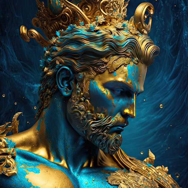 Puissant Neptune ou Poséidon dieu grec de l'eau ai généré illustration homme musculaire Hermes dieu de la mer et de l'océan dans la couronne dorée légende marine divinité olympienne statue ancienne Triton antique