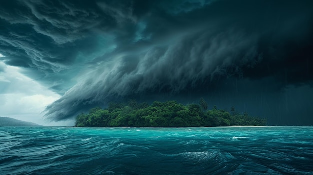 Un puissant ouragan plane sur une petite île avec des nuages sombres et des vents violents.