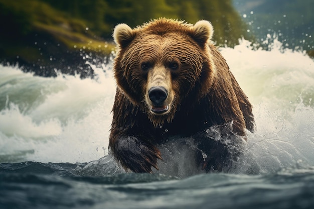 Photo un puissant ours pêchant du saumon dans une rivière sauvage photo d'ours brun avec un saumon en bouche générée par ai