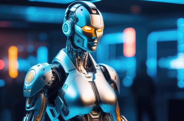 Un puissant robot androïde futuriste avec un corps métallique et des yeux brillants dans une pose déterminée.