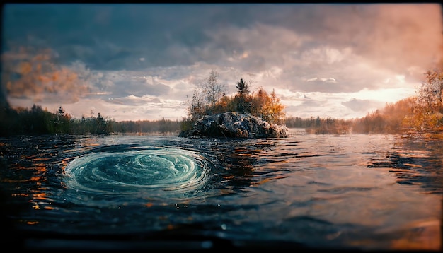 Un puissant tourbillon se forme à la surface des eaux vertes de la rivière rendu 3d Illustration raster