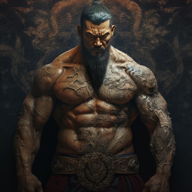 Le puissant Yang Jian dévoile la force hypermusculaire d'un jeune oriental dans la mythologie chinoise