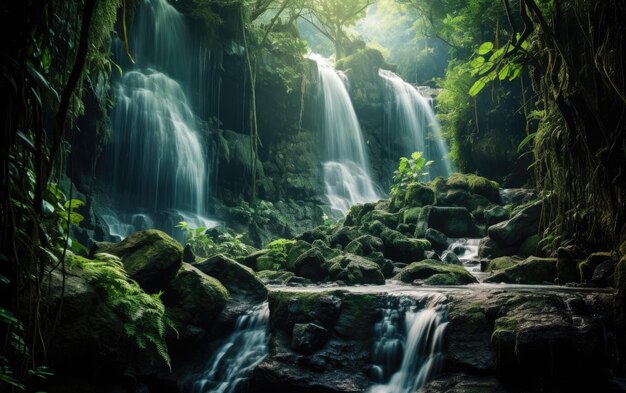 Une puissante cascade embrassée par des verts luxuriants.