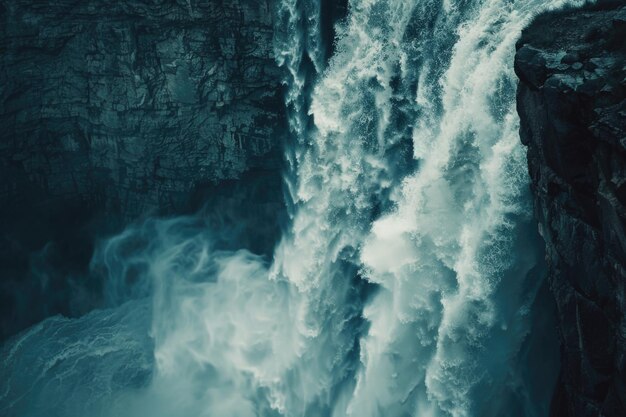 Une puissante cascade verticale dans un paysage sombre de gorge