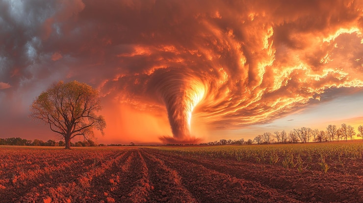 Photo une puissante tornade se forme dans un ciel dramatique au coucher du soleil au-dessus d'un champ avec un arbre solitaire au premier plan.