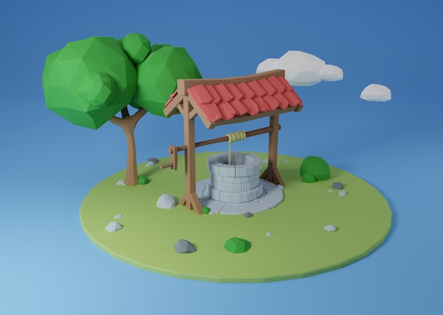 Puits médiéval isométrique Low Poly