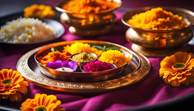 Photo la puja traditionnelle indienne de thali avec des marigolds, de l'encens et du bokeh, des fêtes indiennes.