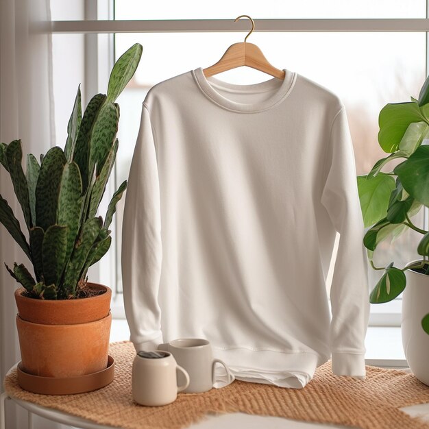 un pull blanc est accroché à un cintre avec une plante dessus.