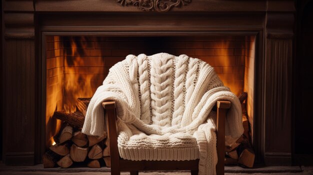 Photo un pull blanc tricoté drapé sur une chaise en bois près de la cheminée