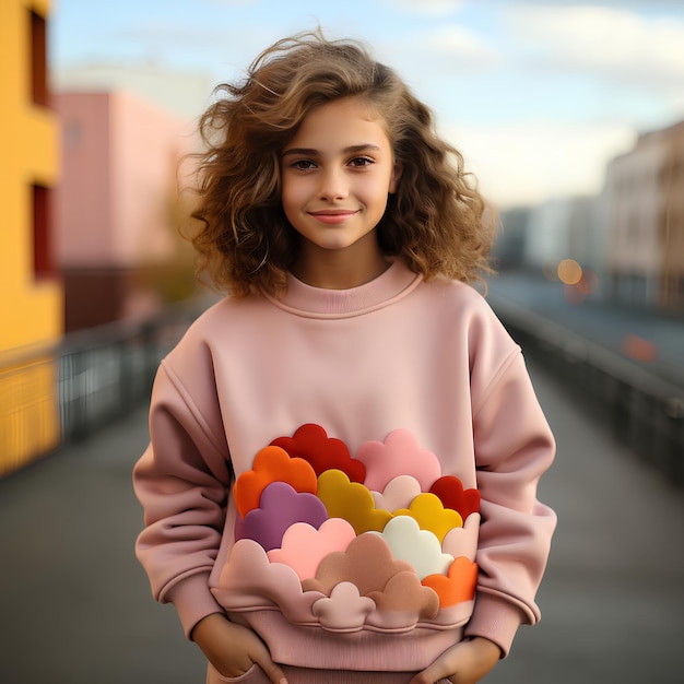 Un pull en coton rose avec des nuages et des arcs-en-ciel