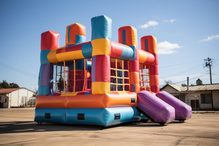 Photo pull gonflable pour enfants jouant sur le terrain de jeu photographie professionnelle