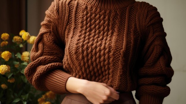 Photo le pull de laine tricoté brun comme les poignets ou le décolleté pour mettre en évidence l'artisanat
