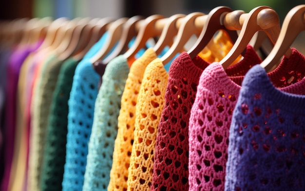 Des pulls au crochet colorés sont accrochés en rangée sur un rack.