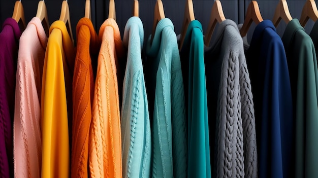 Des pulls colorés présentés sur des cintres dans un magasin prêts à être achetés