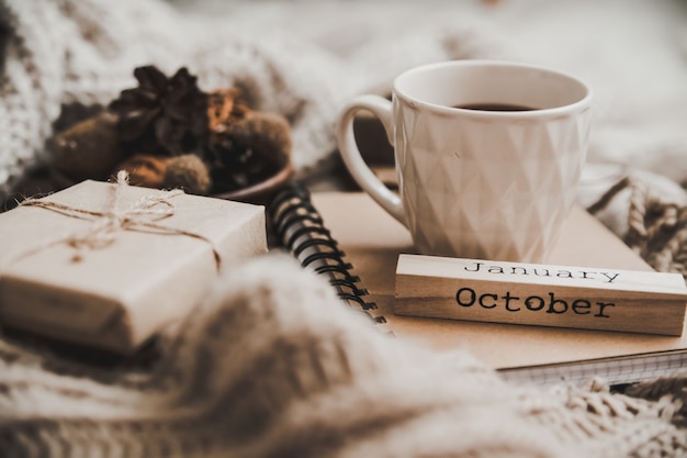 Pulls et tasse de thé avec cahier, bougie et vêtements à tricoter