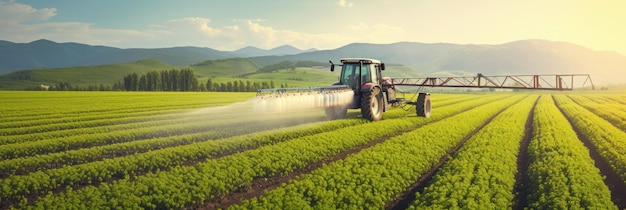 Pulvérisation d'herbicides sur un champ de soja à l'aide d'un tracteur
