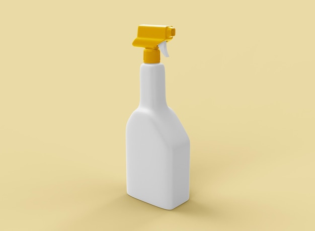 Pulvériser une bouteille de nettoyant sur fond jaune. Produit isolé. Rendu 3D