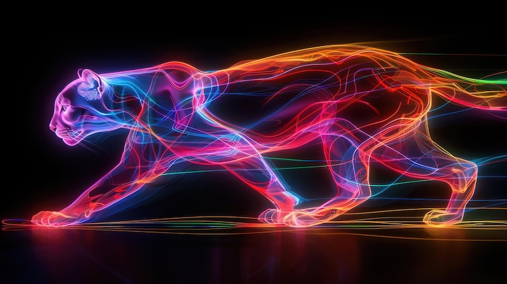 Photo puma électrique au néon futuriste dans une œuvre d'art numérique de saut dynamique avec une énergie vibrante