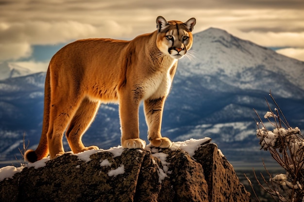 Photo un puma se dresse sur un rocher devant une chaîne de montagnes.