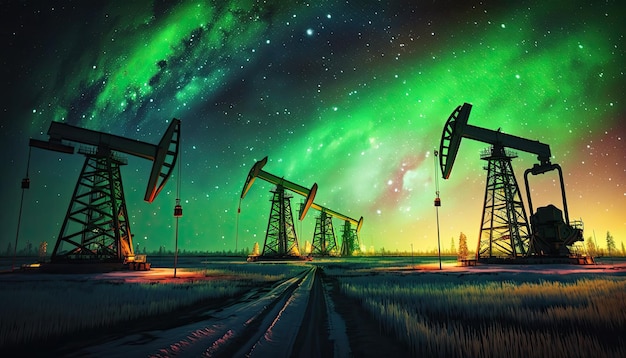 Pumpjack d'huile sur un puits de pétrole dans le désert de belles aurores boréales aurora sky zone riche en champs pétrolifères