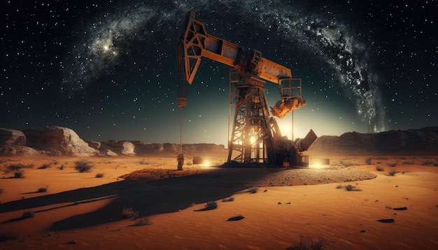 Pumpjack d'huile sur puits de pétrole dans le désert de sable de nuit beau ciel au clair de lune production de zones riches en pétrole