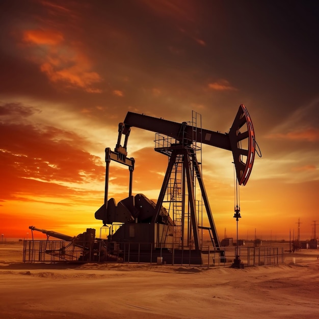 Pumpjack de pétrole brut silhouetté sur le désert au crépuscule AI générative