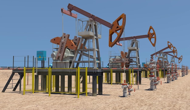 Pumpjacks d'huile dans le rendu 3d du désert