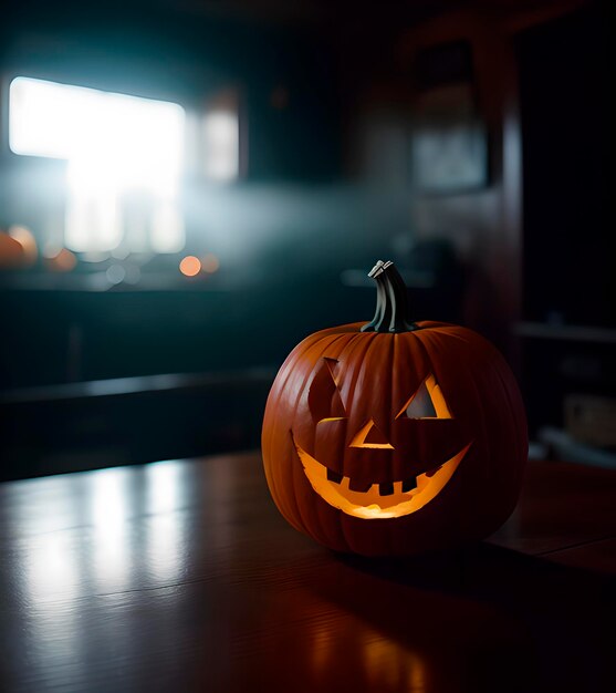 Pumpkin et bougie d'Halloween avec du brouillard autour et une lumière sombre dans des tons verdâtres et orange