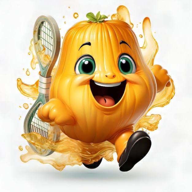 Photo pumpkin de dessin animé avec une raquette de tennis et une balle de tennis 3d