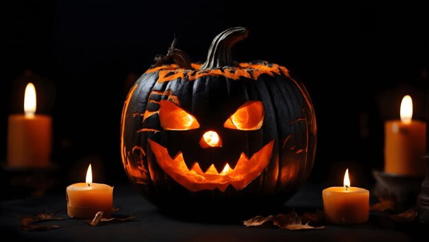 Pumpkin d'Halloween avec des bougies sur fond noir Grand hors de focus symbole d'Helloween Sélectif